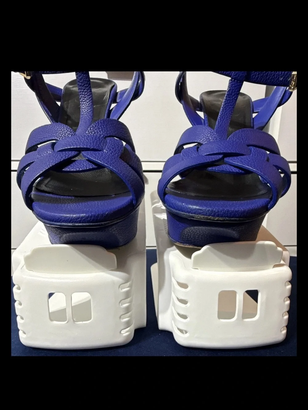 Yves Saint Laurent Tribute Cobalt Blue Leather Platform Sandals with White Sole